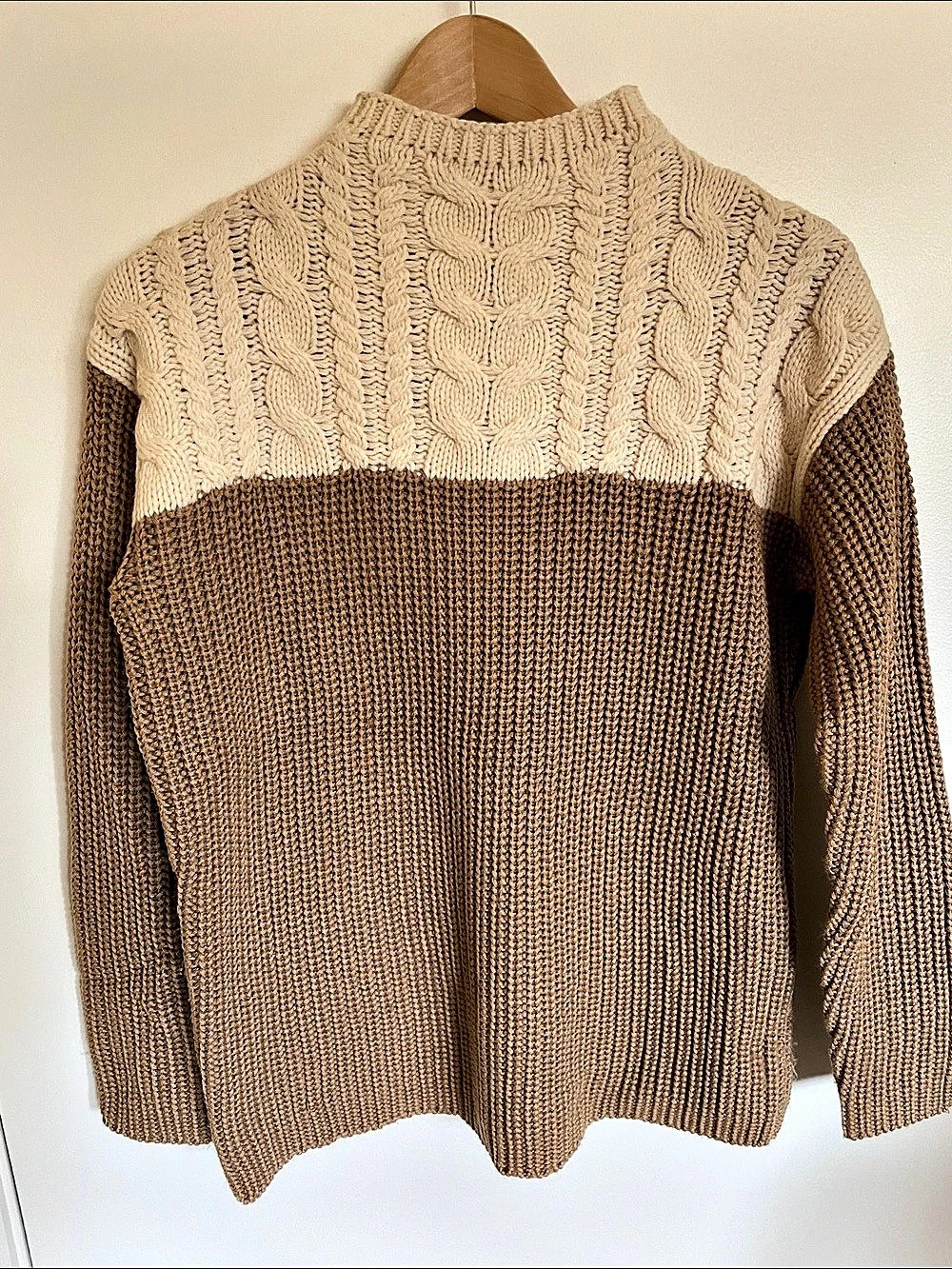 Sandro Two-Tone Cable Knit Mock Neck Sweater in Brown & Cream 20.5” PTP
